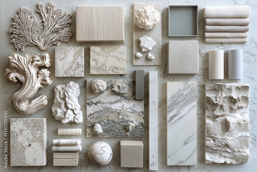 Poster soft cotton samples textured paper and marble patterns create serene monochromatic mood board. arran