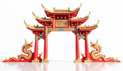 Ancient chinese red architecture Pavilion gate isolated on white background. Generate AI