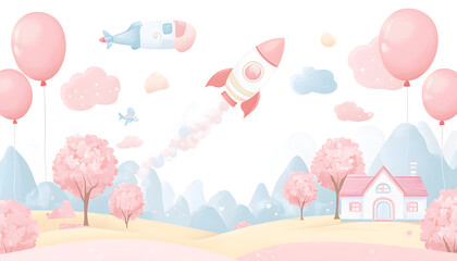 Whimsical Rocket Launch in a Dreamy Pastel Landscape