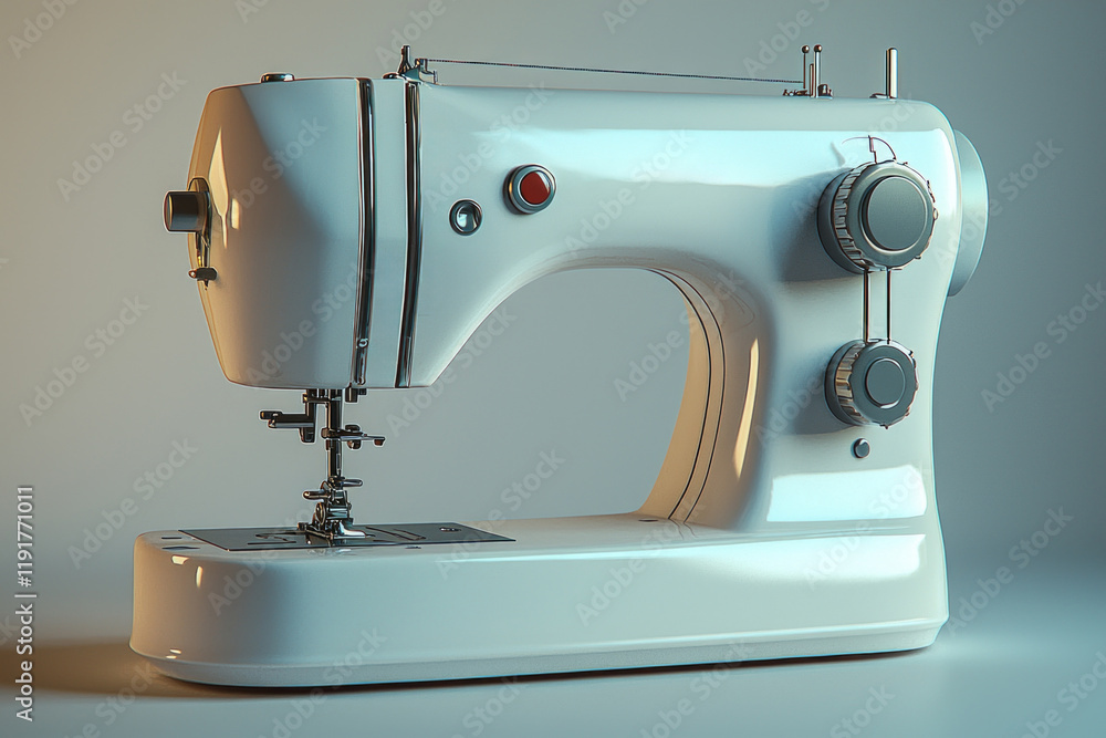 Poster compact and lightweight sewing machine positioned against clean backdrop ready for use fabric placed