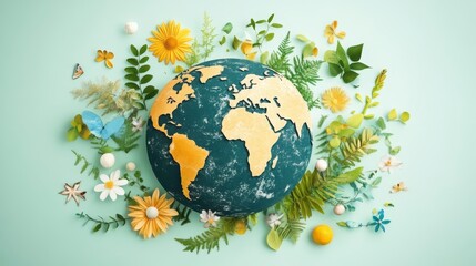 Earth Day Concept Globe Surrounded by Lush Green Leaves Vibrant Flowers and Butterflies
