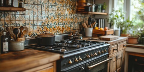 Fototapeta premium Rustic kitchen interior with vintage stove, wooden counter, decorative tile backsplash, assorted kitchenware, and potted plants by the window.