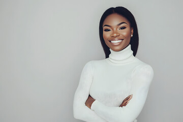 Fototapeta premium a beautiful woman smiling, wearing a white turtleneck sweater
