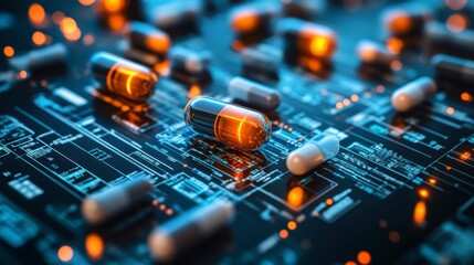 Futuristic Medicine Smart Pills on Digital Circuit Board Pharmaceutical Technology
