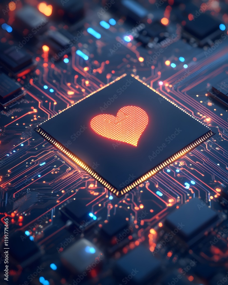 Poster microchip circuit board with illuminated heart symbol