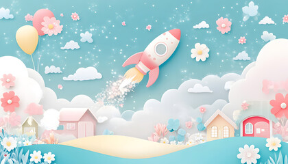 Whimsical Rocket Launch in a Dreamy Pastel Landscape