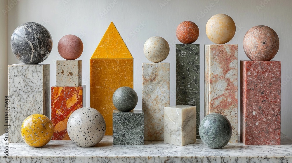 Poster displayed are various geometric shapes including cubes spheres and pyramids crafted from different m