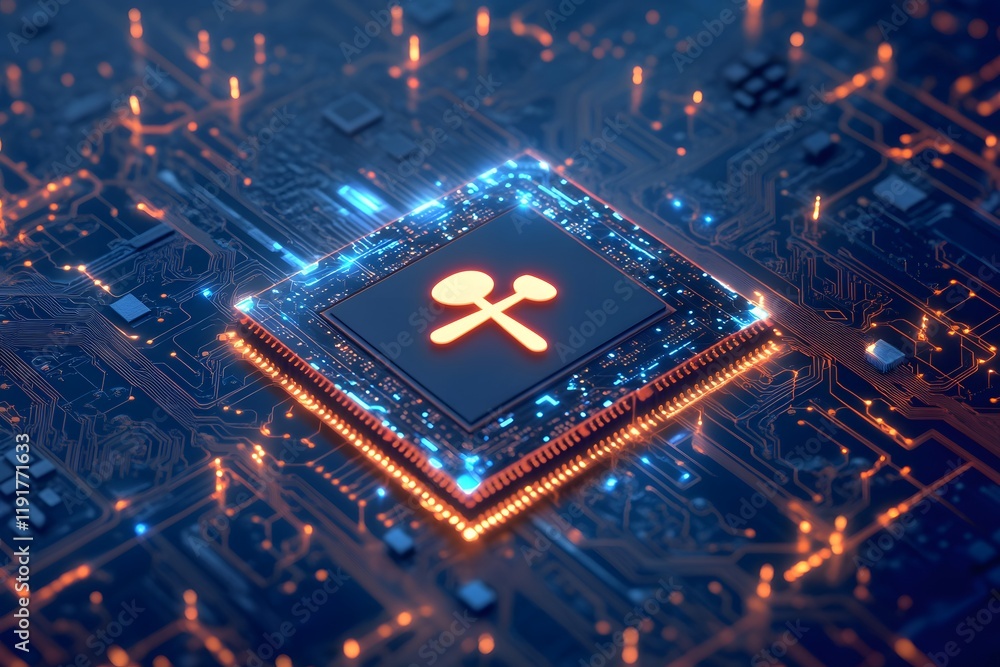 Poster microchip with gavel and spoon symbol on circuit board
