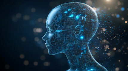 Obraz premium AI robot head made from glowing blue digital lines and dots