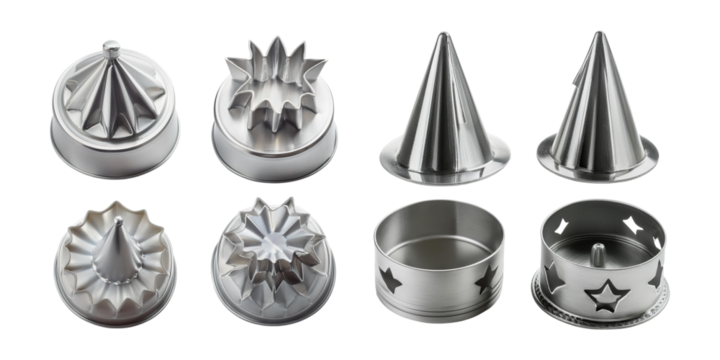 Metallic baking molds and pastry cutters set, isolated on transparent background