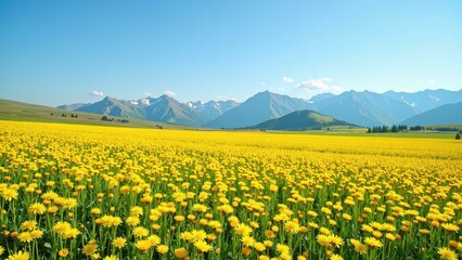 Obraz premium A vibrant sea of yellow chamomile blooms bathes in sunlight, against a lush backdrop of verdant grass, creating a serene, golden landscape