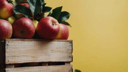 Rustic wooden crate overflowing with freshly picked apples against a vibrant yellow background