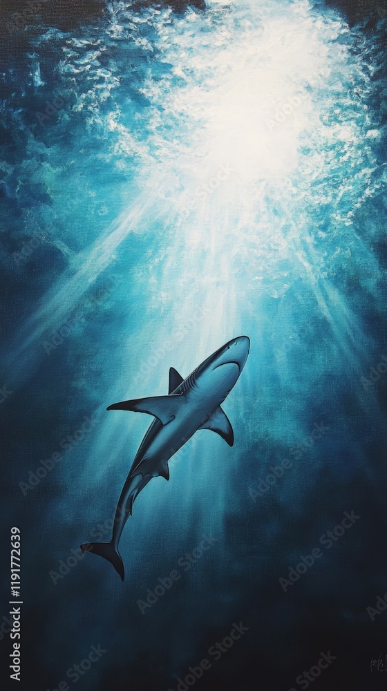 Poster sunbeams filtering through the rippling water surface illuminate a shark swimming in the deep blue o