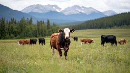 Fototapeta premium Cow grazing peacefully in a lush green pasture with mountains in the background under a cloudy sky