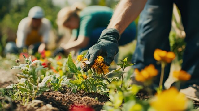 A man is pulling weeds from a garden
