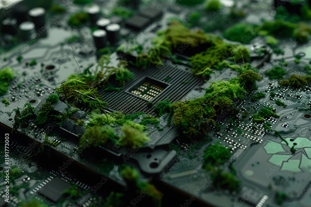 Poster moss-covered computer circuit board with cpu socket