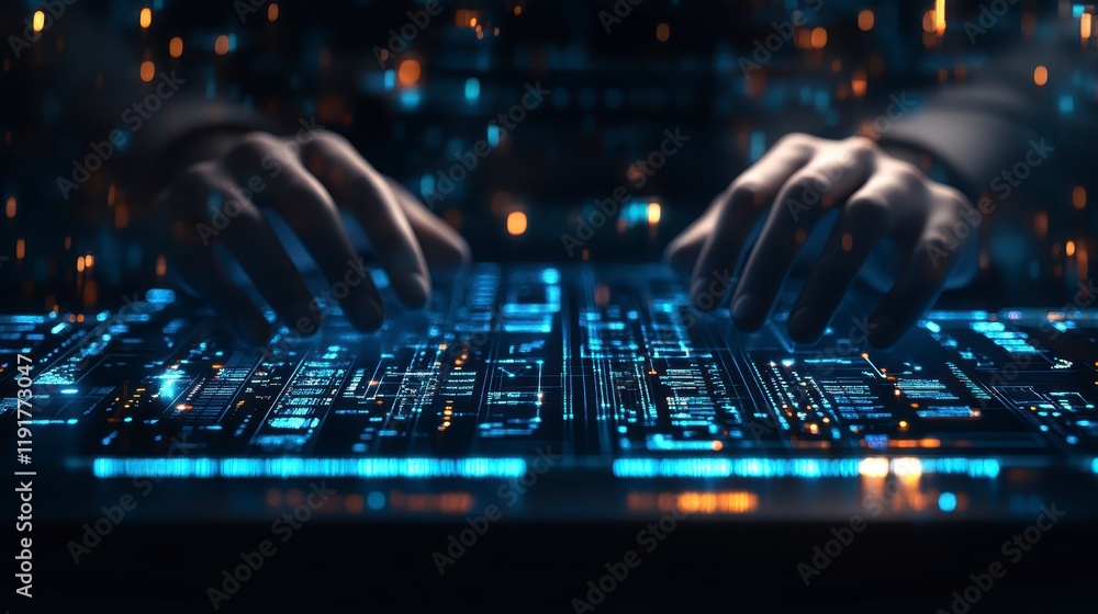 Poster futuristic hands typing on glowing digital interface with data streams