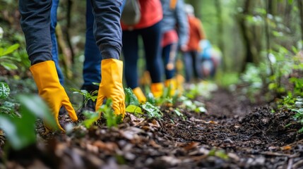 Naklejka premium A group of people are walking through a forest, with some wearing yellow gloves