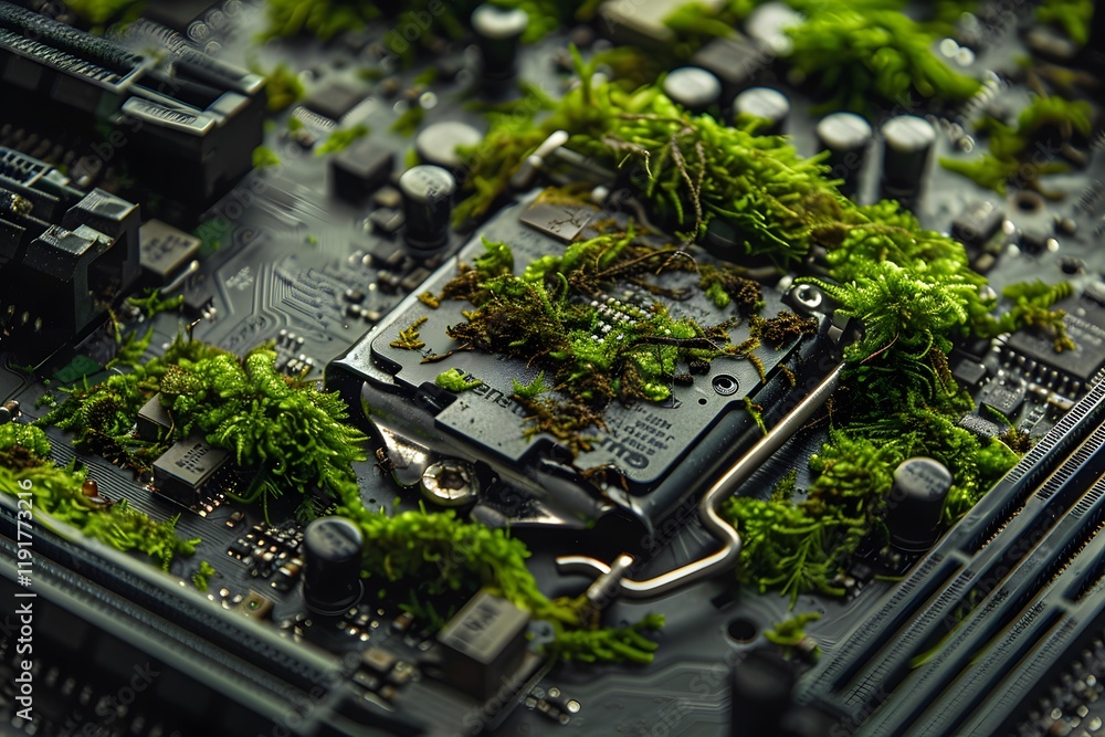 Poster moss-covered computer motherboard with cpu