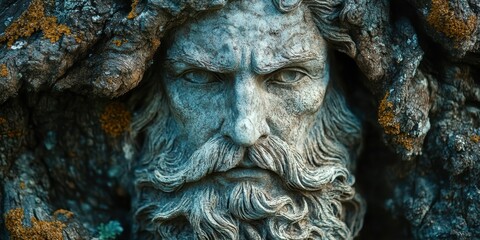 Fototapeta premium The Intricate Stone-Carved Face Embedded in Nature: Expressive Features of an Ancient Civilization's Deity Within a Rustic Outdoor Setting