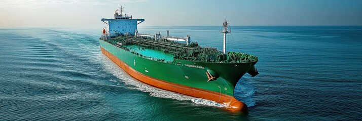 Large Green Cargo Ship Navigating the Open Ocean with a Clear Sky Spirited by Technological Advances in Maritime Engineering and Sustainable Transport Solutions
