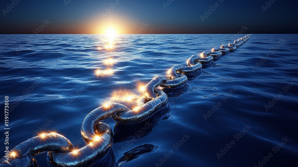 Aufkleber chain link extending into deep ocean under twilight sky creating a serene atmosphere with horizon su