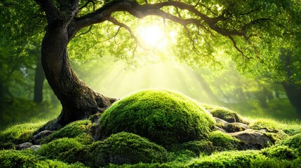 Serene Sunlit Forest Scene Mossy Mound Ancient Tree Tranquil Nature