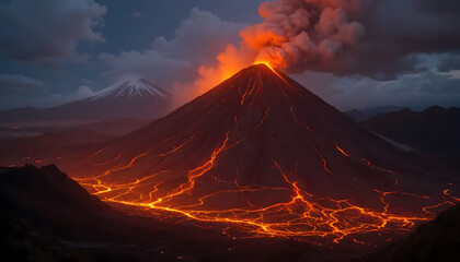 Spectacular Eruption: Fiery Lava Flows Down Volcano's Slopes