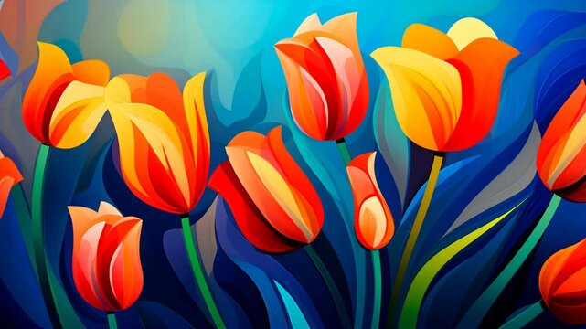 Bright red tulips in a watercolor style move in the wind. Beautiful spring illustration.  
