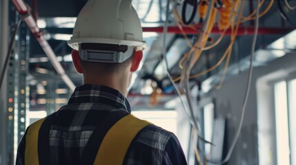 A detailed view of an engineer inspecting electrical wiring in a new commercial building under construction, Electrical wiring inspection scene, Building infrastructure style