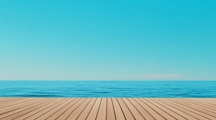 Wooden pier overlooking beautiful calm blue sea and clear sky on sunny summer day, creating a perfect background for summer vacation and travel concept