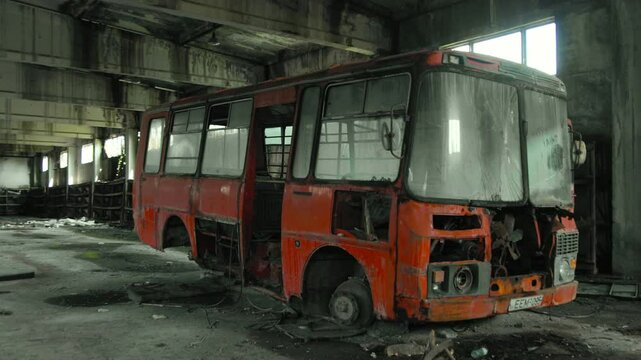 Old Soviet PAZ Bus in a Derelict Warehouse