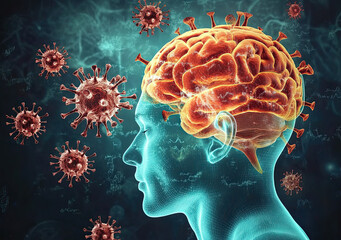 Microscopic view of virus attacking brain tissue, causing meningitis and encephalitis inflammation. 3D medical rendering