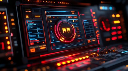 Obraz premium Futuristic Sci Fi Interface Control Panel with Red and Orange Glowing Lights Digital Display