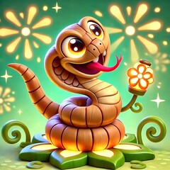 Fototapeta premium animated wooden snake with glowing patterns, cheerful expressions, and playful movements, celebrating the Year of the Wood Snake with vibrant colors and whimsical charm