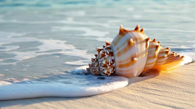 A beautiful large shell on the sand is washed by the waves.  