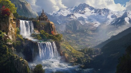 Fototapeta premium Majestic Waterfall and Mountaintop Temple: A Serene Landscape