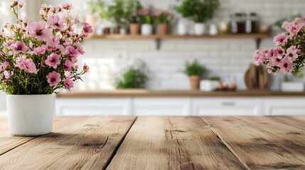 Pink Flowers on Wooden Table with Blurred Kitchen Background