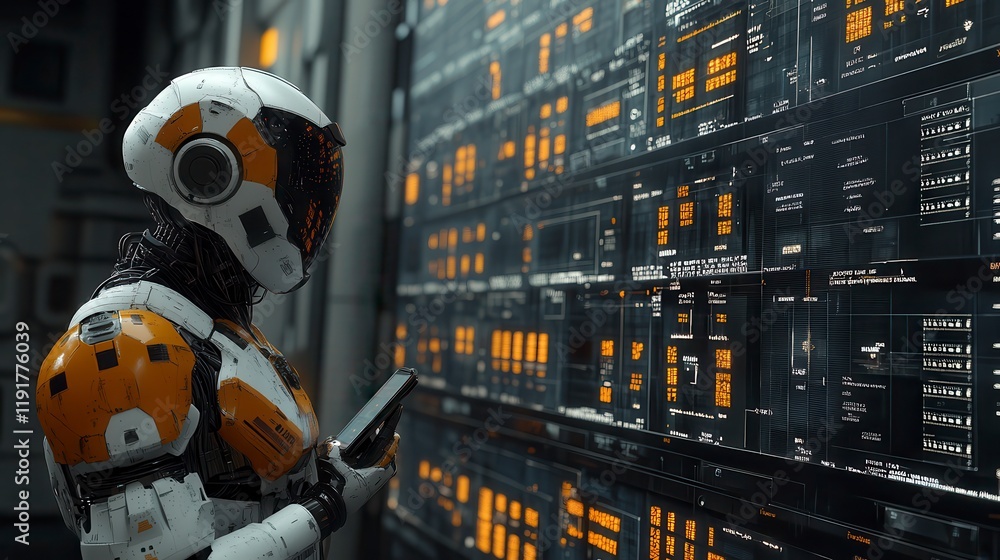 Poster futuristic robot analyzing data on giant digital screens sci fi concept