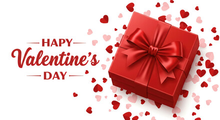 Obraz premium Happy Valentine's day. Romantic design template with red gift box and heart confetti isolated on white background with greeting text. Vector illustration