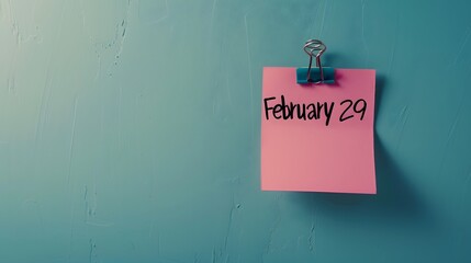Pink Sticky Note with February 29 Date on Teal Wall