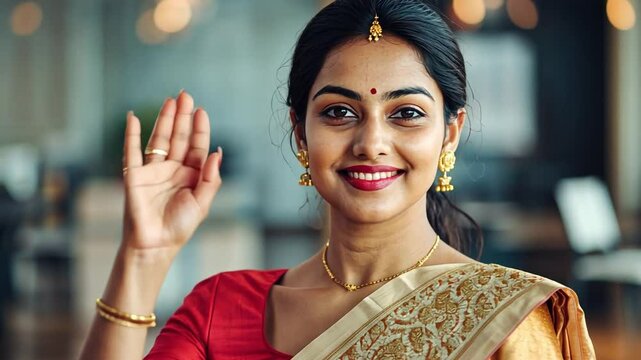 Smiling Woman in Traditional Saree: A radiant young woman with a warm smile, wearing a beautiful red and gold traditional saree, greets the camera with a friendly wave.
