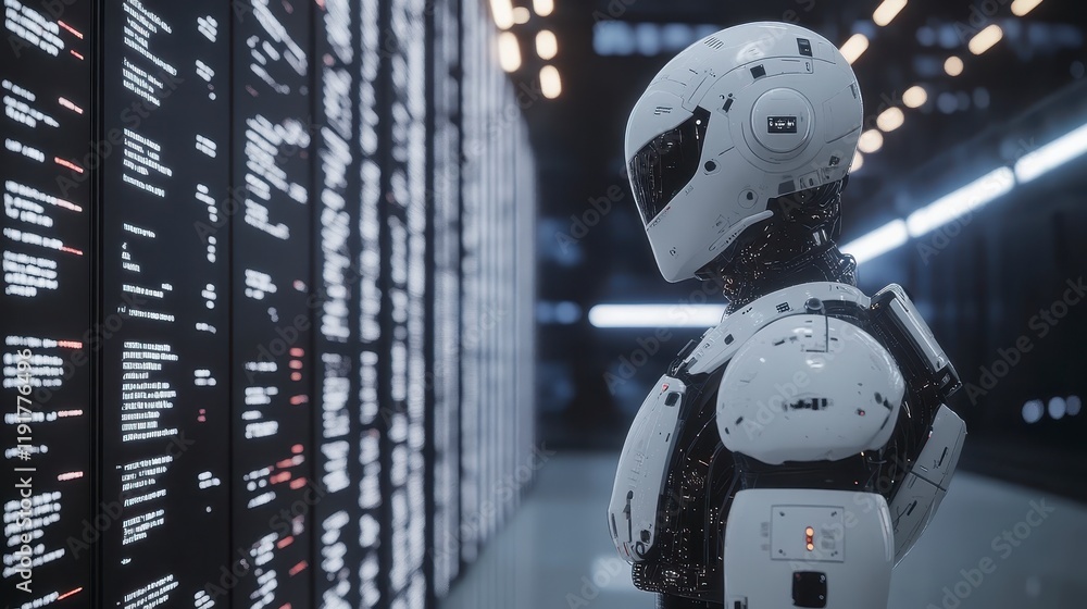 Aufkleber futuristic robot examining server room data ai cybersecurity technology concept