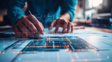 Architect Designing Innovative Blueprint Futuristic Technology Overlay Digital Engineering
