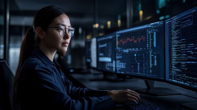 Focused Female Software Engineer Working Late Coding on Multiple Monitors