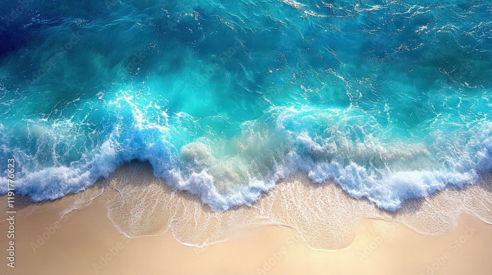 Poster serene aerial view of turquoise ocean waves gently crashing on a sandy beach creating foamy patterns