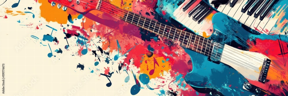 Aufkleber Musical instruments and creative energy flow with scattered notes and vibrant colors in an artistic expression. Generative AI