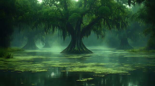 Mysterious swamp cypress trees in misty morning, background foliage, fantasy art