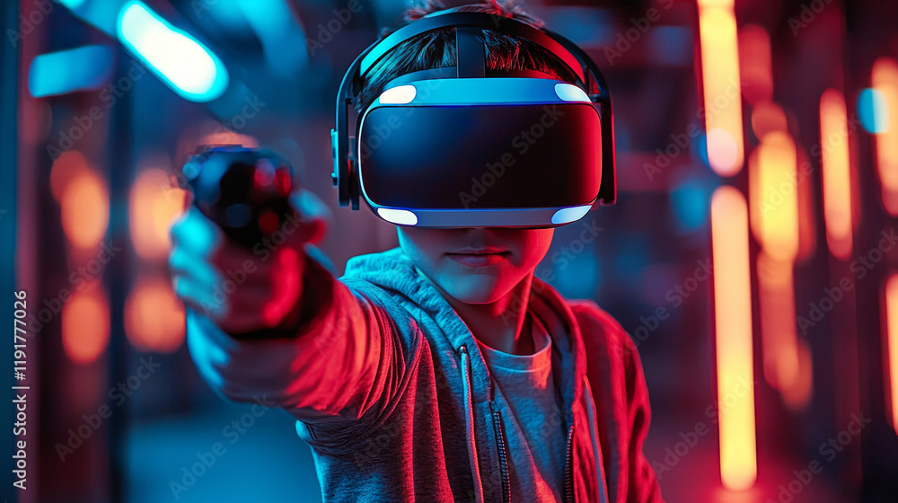 Poster boy in vr headset pointedly aims gaming controller forward as if battling robot monster. his energet