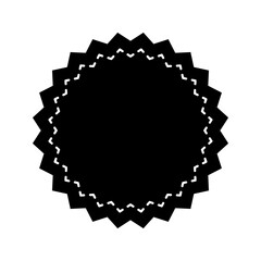 Round geometric shape with dotted stitches line and zigzag edges. Empty tag, patch, sticker, text box, price label, promo code badge with jagged borders. Vector illustration.